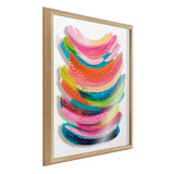 Abstract framed art with layered brushstrokes in pink, orange, green, and blue hues accented by small white dots on a white background.