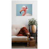 Framed canvas portrait of a pink flamingo wearing a red and white Santa hat against a soft blue background, hung above a beige sofa with a rust-colored knitted throw.