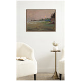 Framed canvas print of Jan Ciaglinski's Moonlite Evening Mist (1910) showing a muted landscape with a setting moon above a shoreline and distant trees under a pinkish sky.