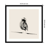 Minimalist abstract black brushstroke bird perched on a branch against a light beige background in a black frame with white matting.