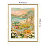 Framed impressionist landscape painting featuring wildflowers in vibrant oranges, pinks, and whites, overlooking soft green hills and a calm blue sea under a pastel sunrise sky.