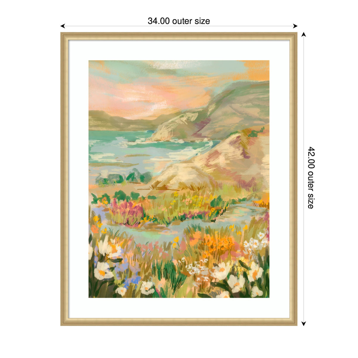 Framed impressionist landscape painting featuring wildflowers in vibrant oranges, pinks, and whites, overlooking soft green hills and a calm blue sea under a pastel sunrise sky.