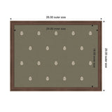 Rectangular board with 26x20 inch outer walnut frame and olive-green surface featuring a repeating pattern of small white botanical block prints