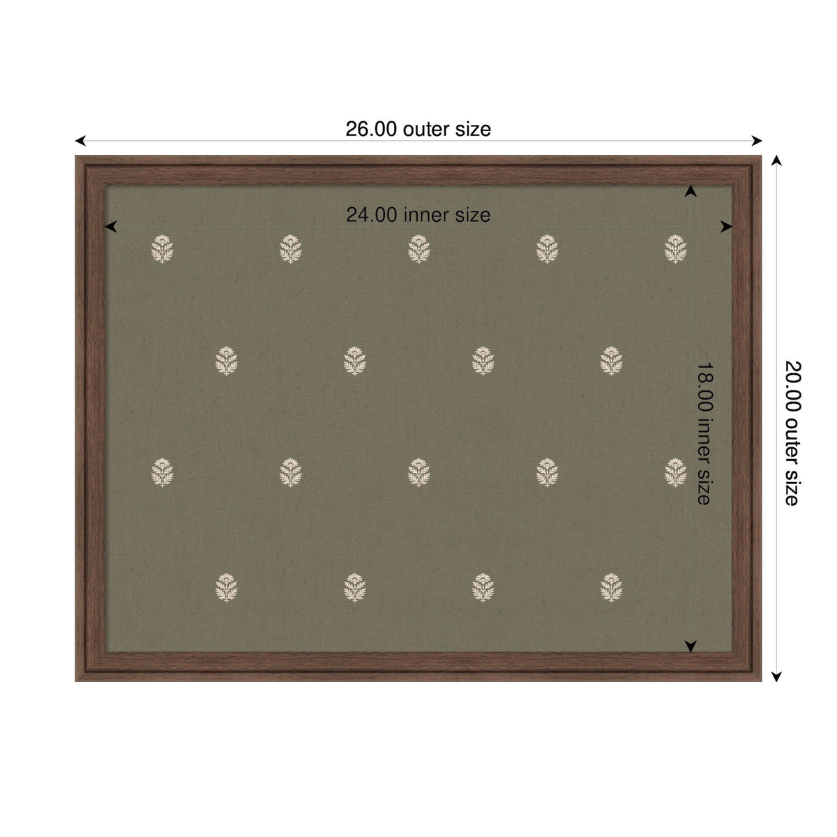 Rectangular board with 26x20 inch outer walnut frame and olive-green surface featuring a repeating pattern of small white botanical block prints