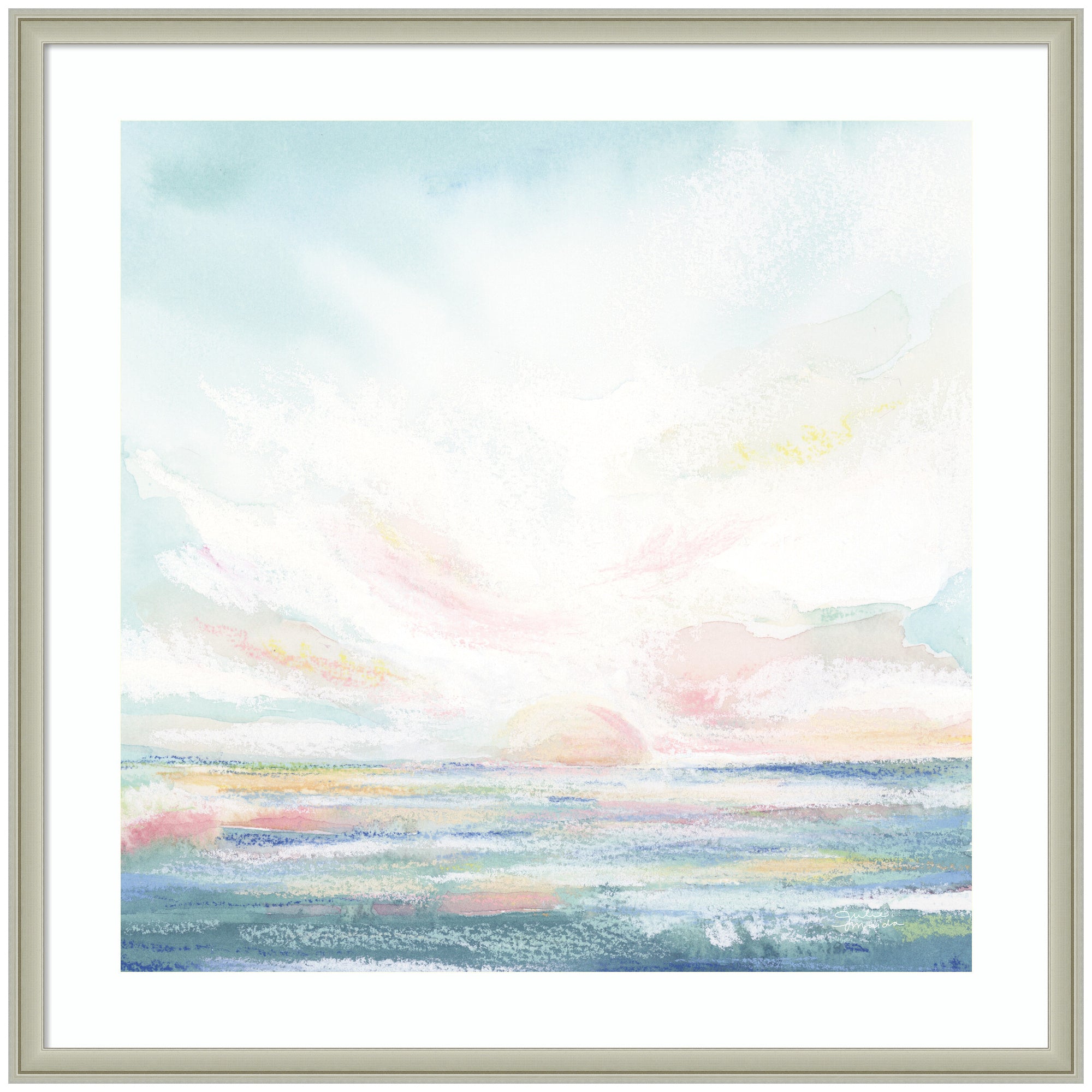 Framed Art Heavenly depicting a tranquil pastel seascape with a setting sun, in Florence Silver frame