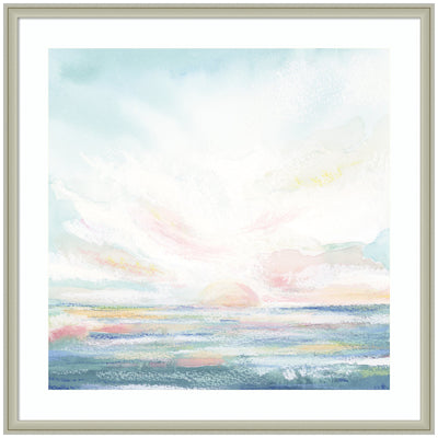 Framed Art Heavenly depicting a tranquil pastel seascape with a setting sun, in Florence Silver frame