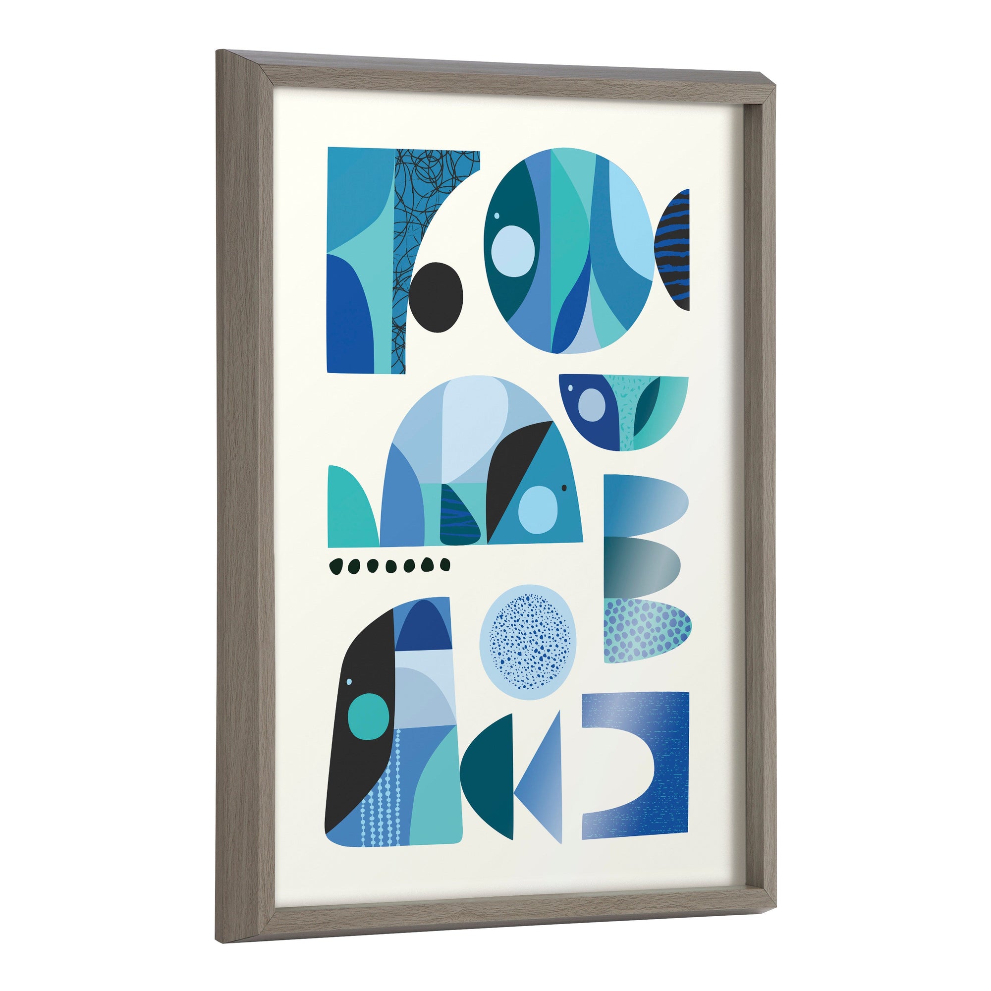 Blake Mid Century Fish Blue framed printed glass art showing abstract fish shapes in blue tones within a modern frame.