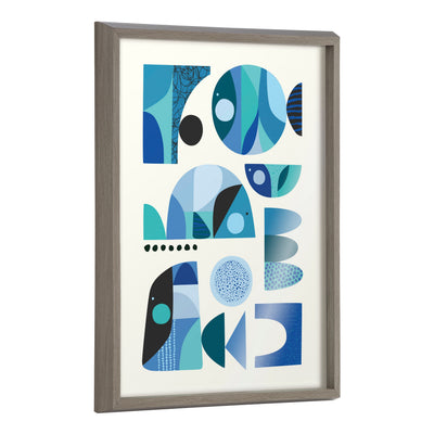 Blake Mid Century Fish Blue framed printed glass art showing abstract fish shapes in blue tones within a modern frame.