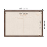 Rectangular framed linen fabric pinboard designed as a vintage postcard with 38x26 outer frame and 36x24 inner pinboard area in muted beige and brown tones.