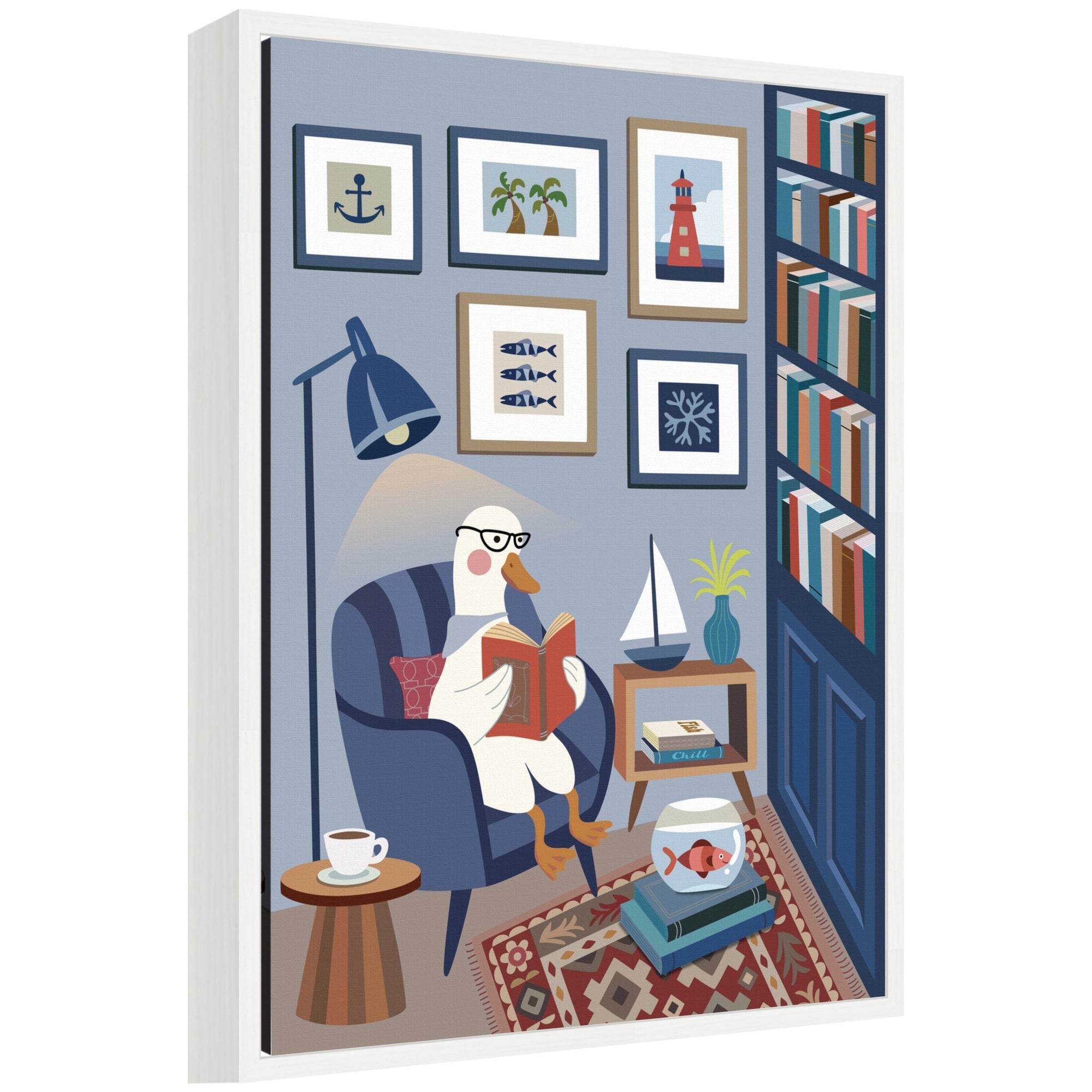 Reading Goose framed canvas wall art print by Rachel Lee 3 Birdies Studio in Sylvie white frame