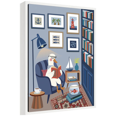 Reading Goose framed canvas wall art print by Rachel Lee 3 Birdies Studio in Sylvie white frame