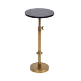 Round black marble tabletop on an adjustable brass stand featuring a wingnut for height adjustment, supported by a round brass base