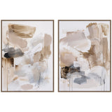 Two framed abstract canvas paintings featuring broad, sweeping brushstrokes in beige, brown, gray, and black with fine, wispy black lines on a white background.