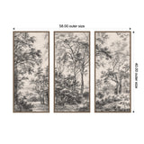 Three-panel black and white framed canvas wall art depicting detailed, tall trees and a serene woodland landscape on linen-textured panels.