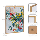 Botanical abstract print with jewel-tone leaves and red, yellow, and teal flowers in a natural oak wood frame with a gold finish, shown with dimensions and hanging details.