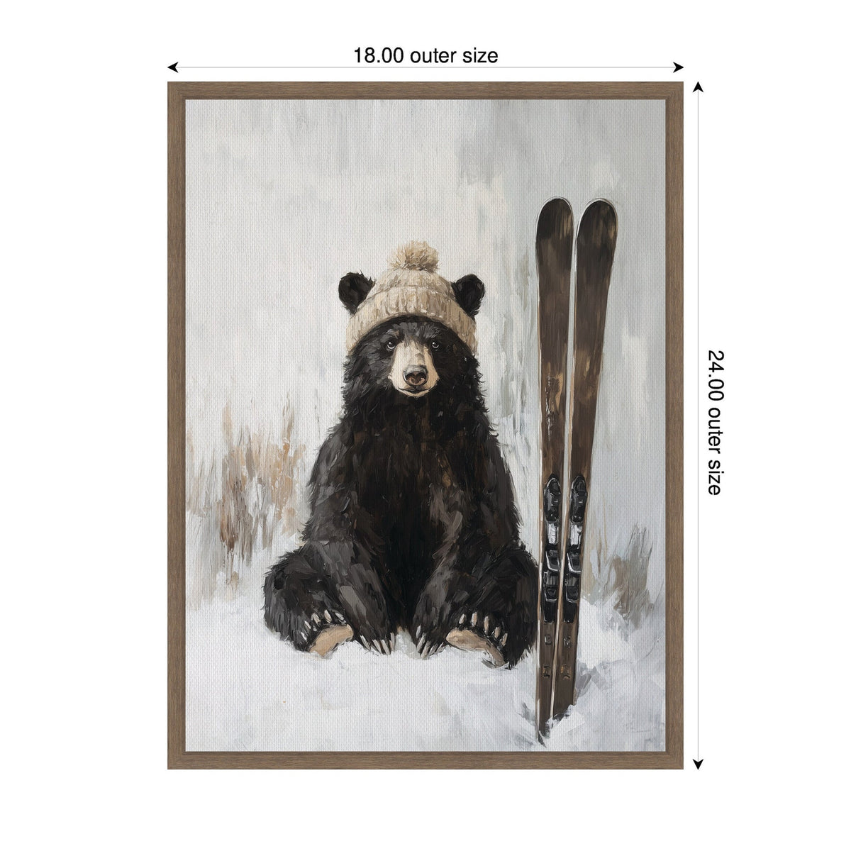 Painting of a black bear sitting in snow wearing a beige knitted hat with pom-pom, next to a pair of upright brown skis, framed in simple wood.