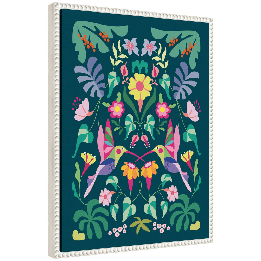 Framed canvas art titled Sylvie Tropical Hummingbirds showing colorful hummingbirds with tropical foliage