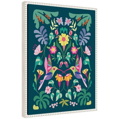 Framed canvas art titled Sylvie Tropical Hummingbirds showing colorful hummingbirds with tropical foliage