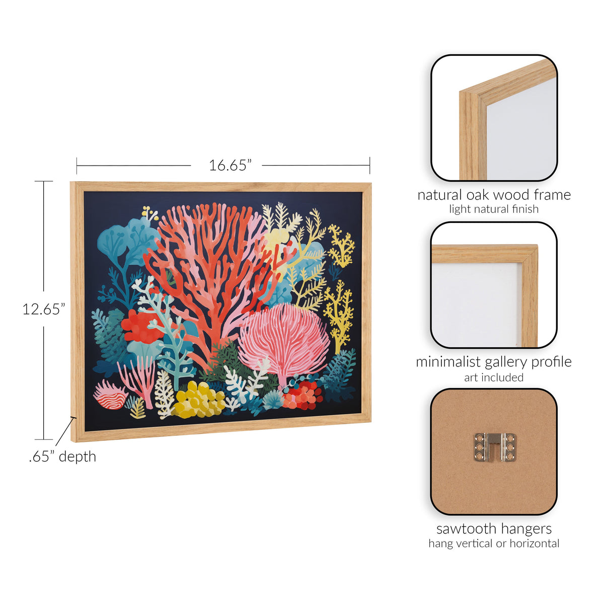 Framed bright coral underwater print with red, pink, yellow, and blue coral shapes on a dark background in a natural oak wood gallery frame.