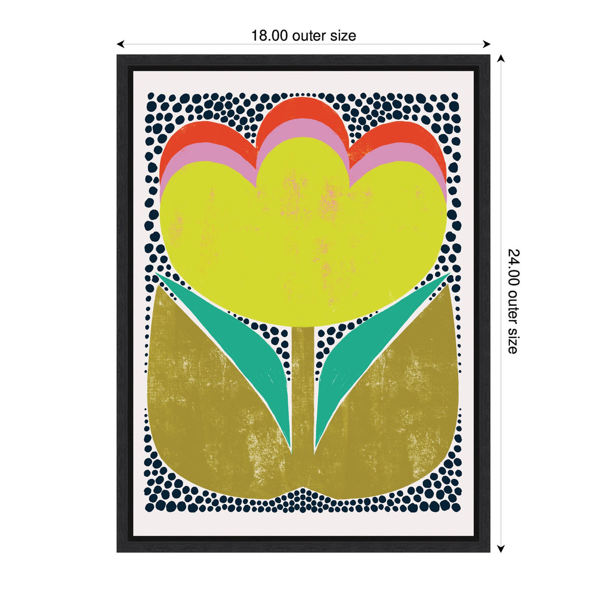 Framed canvas print of a stylized yellow flower with red and pink scalloped petals, green leaves, and a stem, surrounded by a pattern of dense dark blue dots on white background.