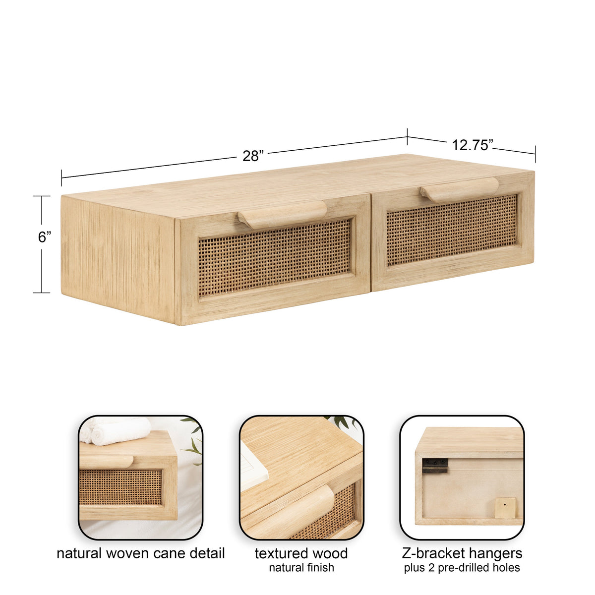 Rectangular floating console with two drawers featuring natural woven cane fronts and textured light wood finish, measuring 28" wide by 12.75" deep by 6" high.