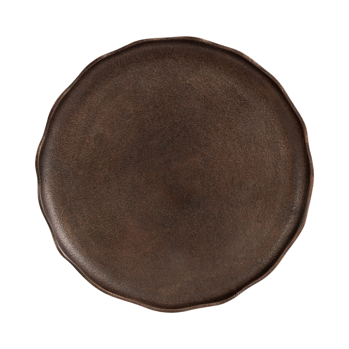 Round decorative tray with a dark brown textured surface and softly scalloped edges, photographed from above on a white background.