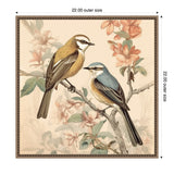 Two detailed vintage-style birds perched on delicate flowering branches with peach blossoms and muted green leaves, framed in an ornate square frame.