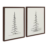 Two framed minimalist black ink sketches of tall, narrow evergreen trees on white canvas with dark brown wooden frames, shown side by side at a slight angle.