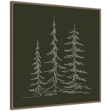 Sylvie framed canvas showing minimalist line drawing of three evergreen trees on dark background in gold frame