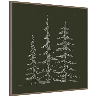 Sylvie framed canvas showing minimalist line drawing of three evergreen trees on dark background in gold frame