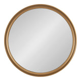 Round wall mirror with a smooth, warm wood frame featuring subtle carved detailing along the curved edge