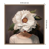 Portrait of a woman with a large, detailed white flower obscuring her face and green leaves extending around it, set against a dark background in a decorative frame.