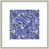 Framed artwork of abstract blue flowers with striped and dotted petals, surrounded by dark blue and light gray leaves on a white background.