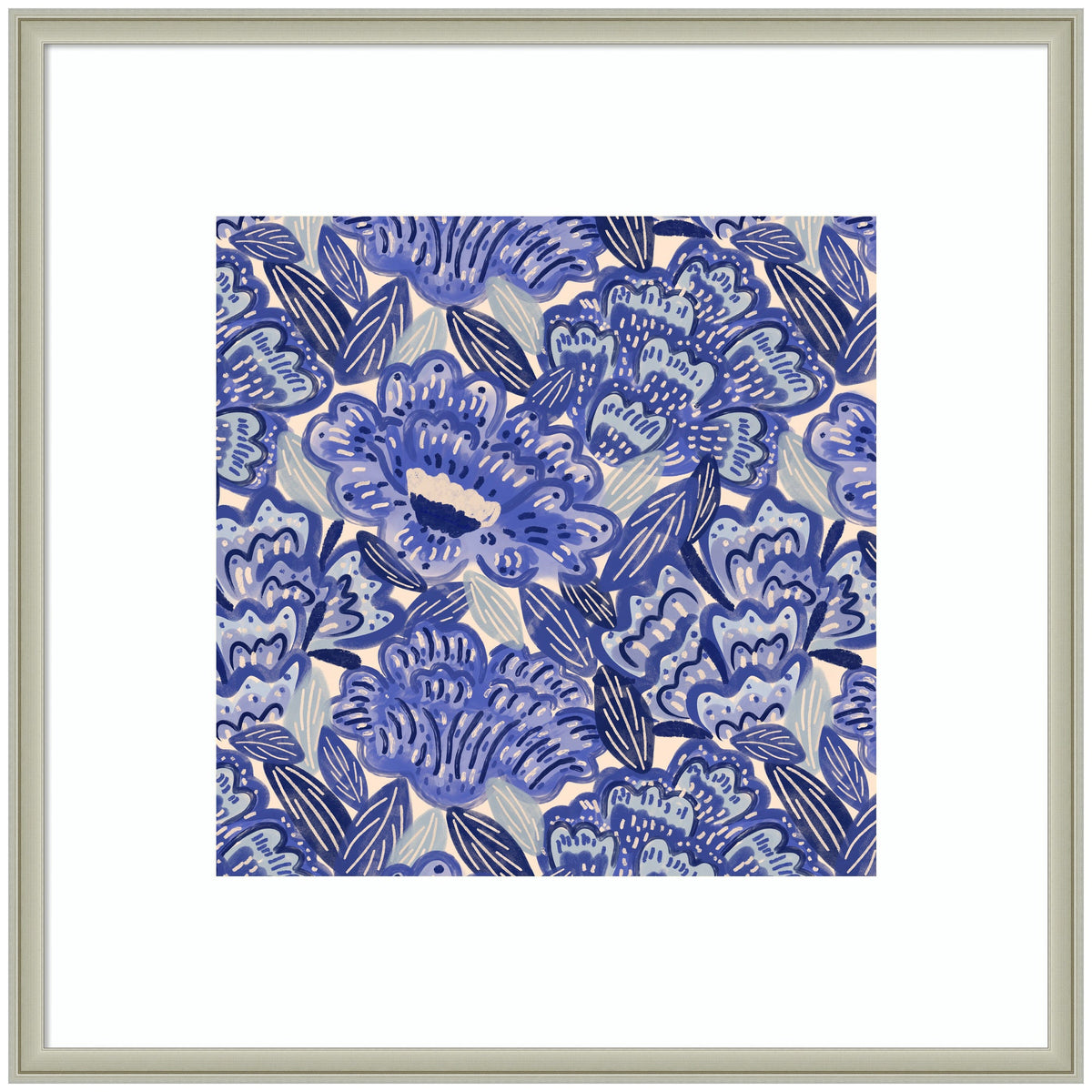 Framed artwork of abstract blue flowers with striped and dotted petals, surrounded by dark blue and light gray leaves on a white background.