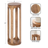 Tall round wooden side table with natural mango wood finish, 23 inches high, featuring a circular top and vertical arched legs forming an open base.