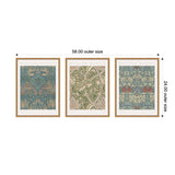 Three framed William Morris canvas art prints side by side, featuring intricate floral and bird patterns in muted blue, green, and beige tones, forming a cohesive triptych.