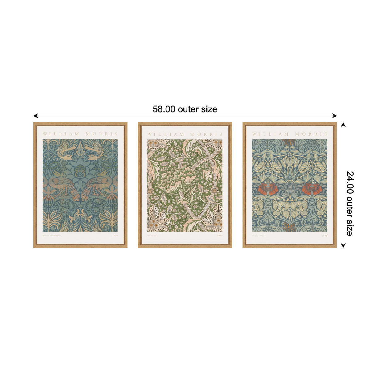 Three framed William Morris canvas art prints side by side, featuring intricate floral and bird patterns in muted blue, green, and beige tones, forming a cohesive triptych.