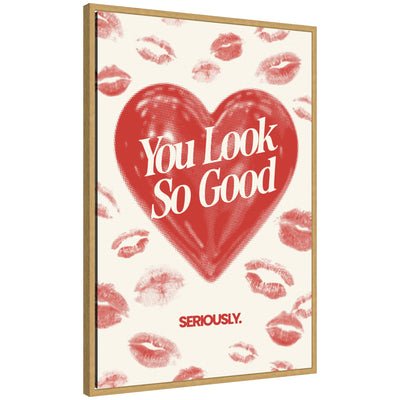 You Look So Good Red Lipstick Inspirational Quote framed canvas wall art print in bright gold in Sylvie frame