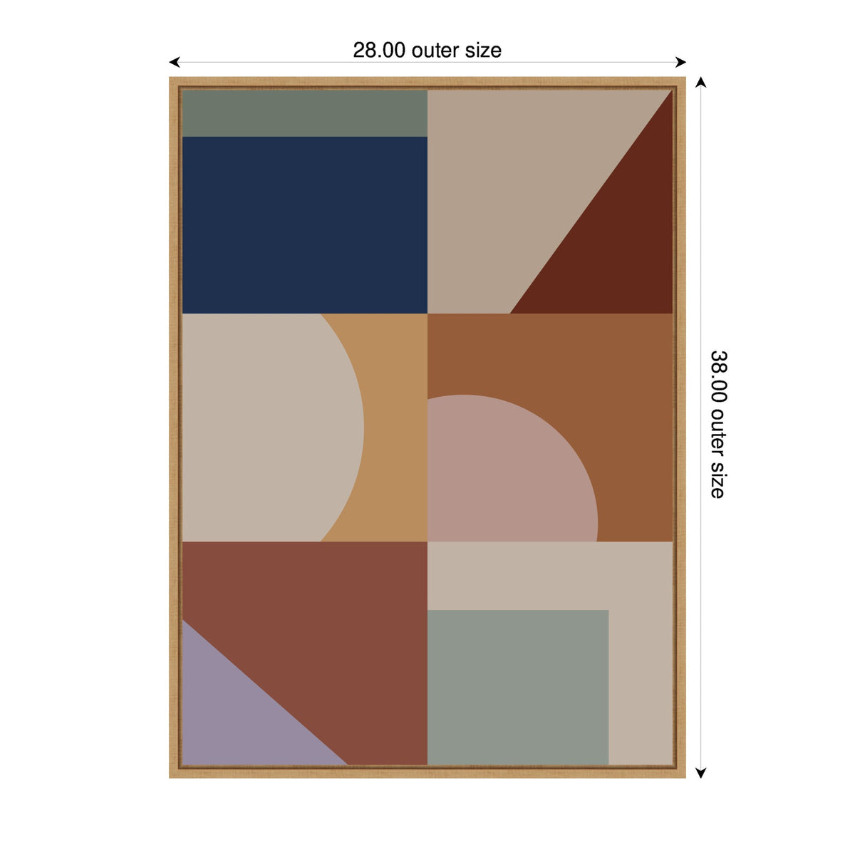 Abstract geometric design with rectangles, semicircles, and triangles in muted navy, beige, brown, terracotta, and light purple, framed in light wood.