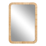 Rectangular wall mirror with softly rounded corners and a textured light wood frame featuring horizontal linear patterns.