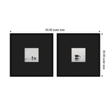 Two black-framed square art prints each featuring a small centered grayscale image of a humpback whale; one shows the whale's tail up, the other its head emerging from water.