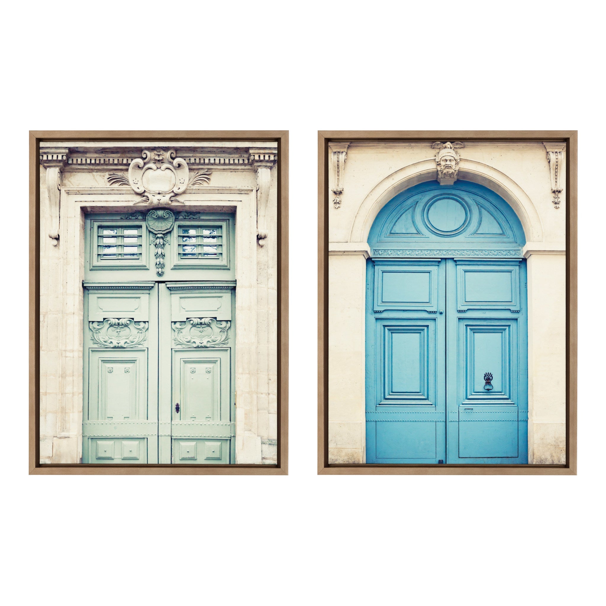 Framed canvas art set depicting Classic Parisian Door and Blue Paris Door by Caroline Mint