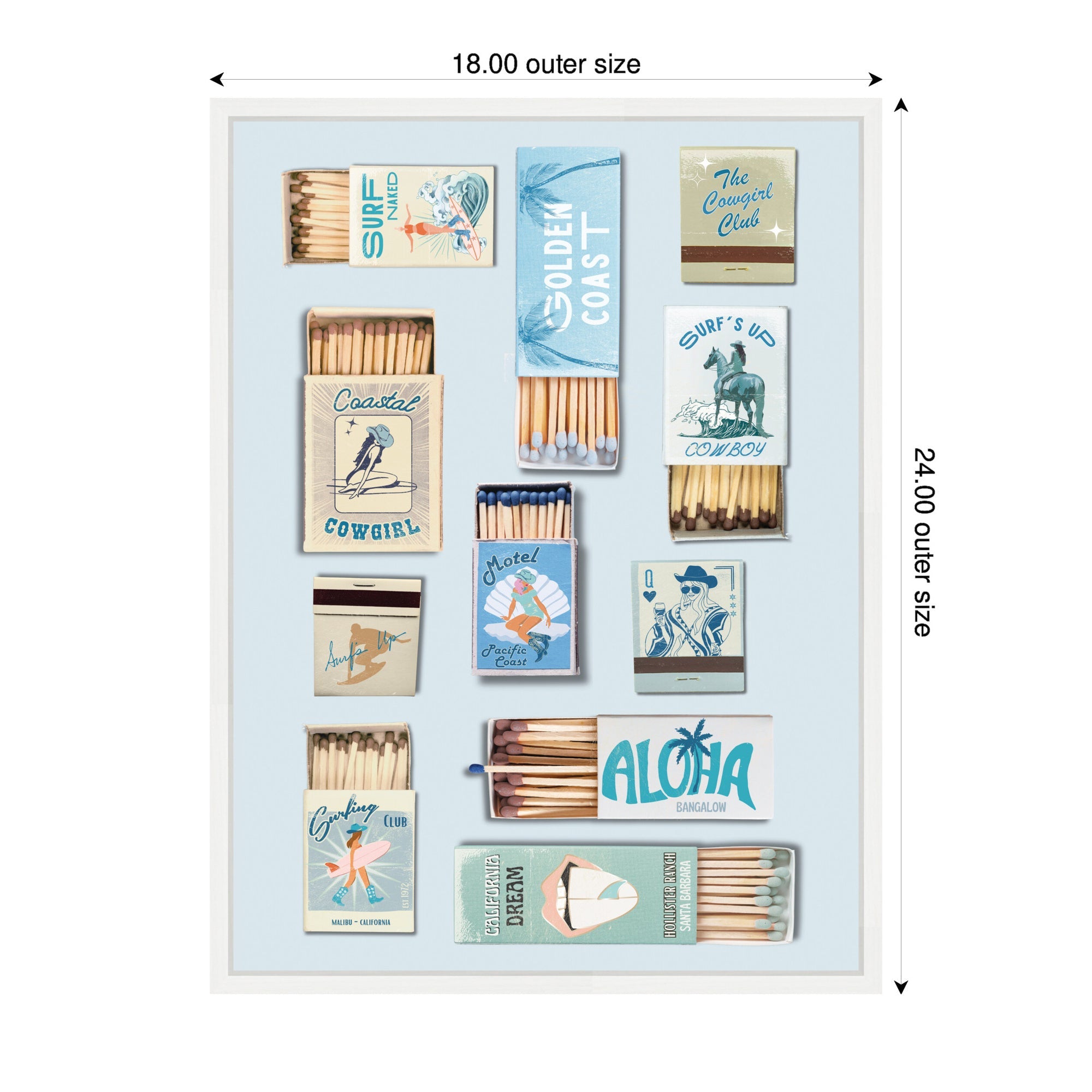 Retro Matchbox Blue Coastal Cowgirl 18x24 Framed Canvas Wall Art Print by Honey Island Studio