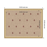 Rectangular pinboard with a natural beige fabric surface featuring evenly spaced red botanical block print motifs, framed by a light wood border, with dimensions annotated.