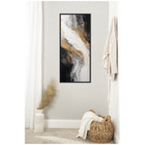 Vertical abstract canvas art with swirling black, white, and gold tones in a modern neutral corner featuring a woven basket, light draped fabric, and a textured white vase.