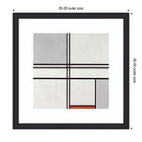 Minimalist geometric composition with intersecting black lines forming rectangles filled with white, light gray, and a small red block, framed in black with white matting.