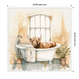 Watercolor painting of a brown highland cow sitting in a white clawfoot bathtub, with beige tiled walls, arched window, and potted plants on the floor.