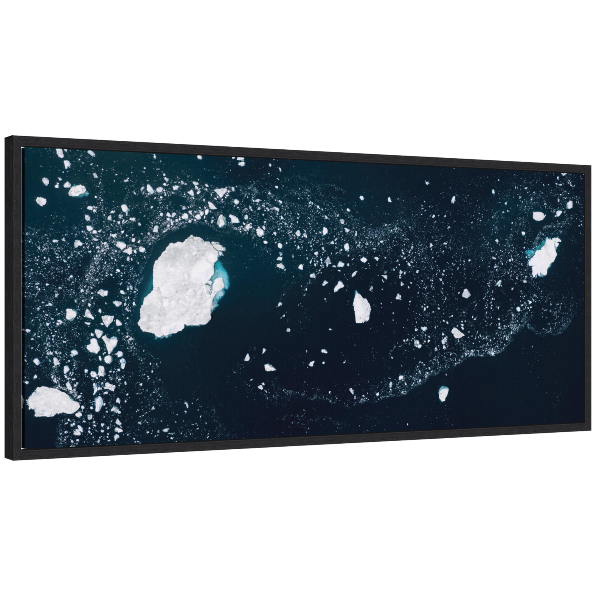 Sylvie Blue and White Iceberg Pattern in Greenland framed canvas art by Michael Schauer, displaying abstract blue and white iceberg shapes on a green background.