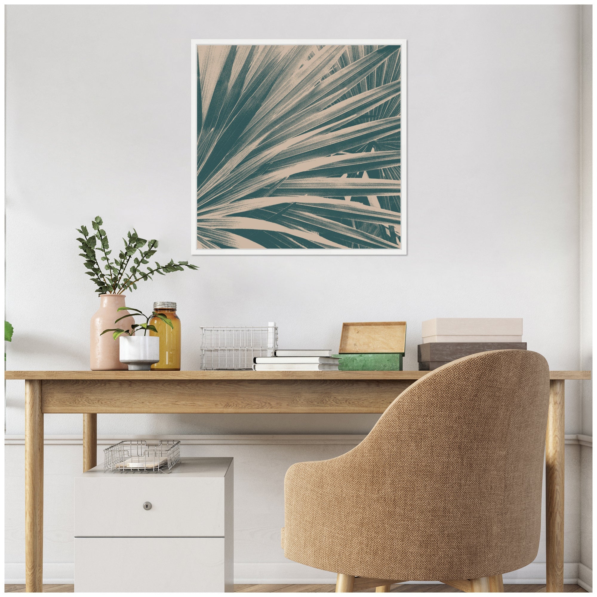 Sylvie Modern Retro Teal Maximalist Palm Leaves Framed Canvas by Stephanie Klatt