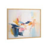 Abstract coastal-themed painting with soft blue, pink, orange, and yellow brushstrokes on a light background, presented in a simple light wood frame.